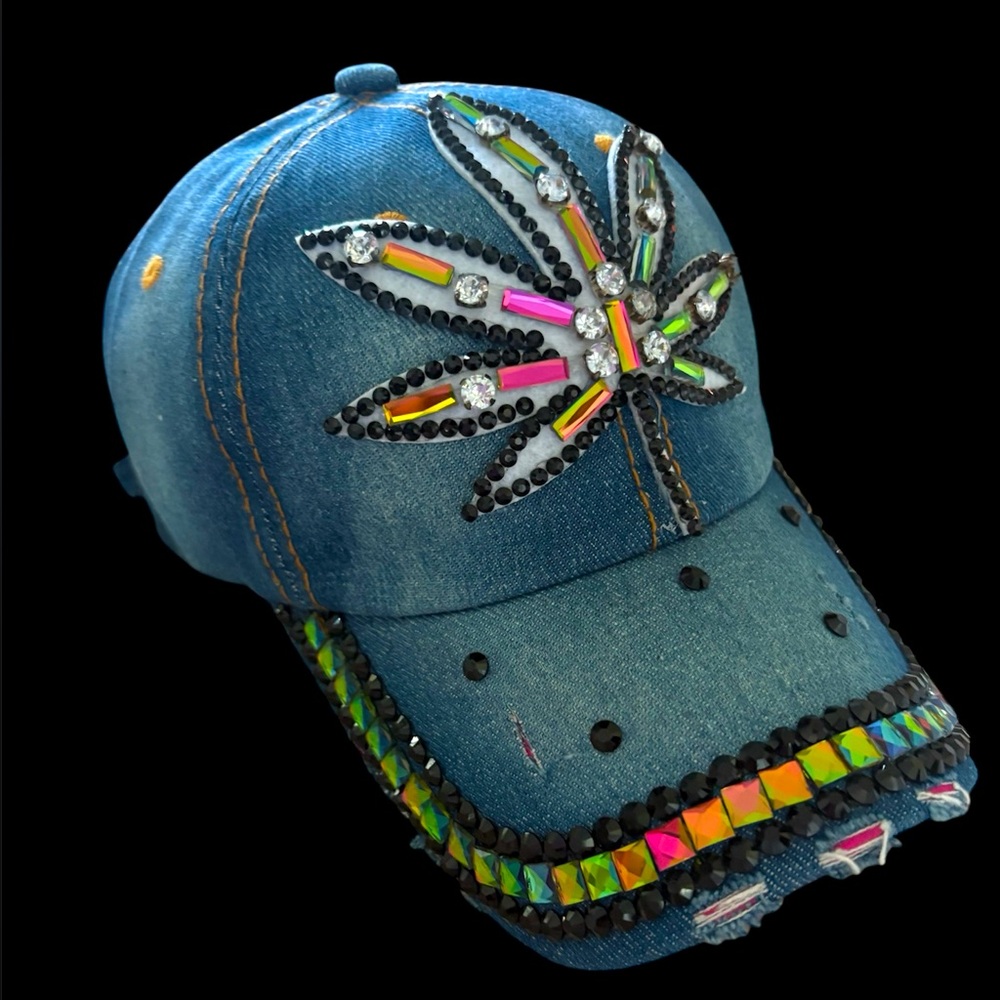 Blue Jean Iridescent Distressed Cannabis Cap Loaded Glitz New Adjustable
